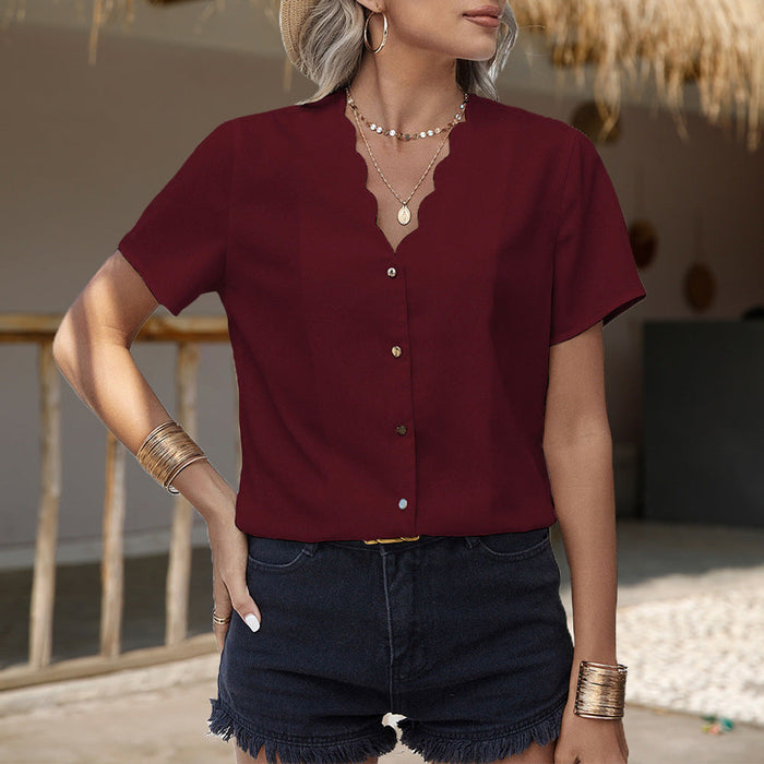 Women Clothing Shirt V Neck Solid Color Single Breasted Women Casual T Shirt Top Women