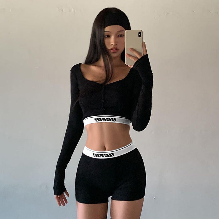 Women Clothing Sexy Tight Long Sleeves Cropped shirt Top High Waist Shorts Sports Two Piece Seit