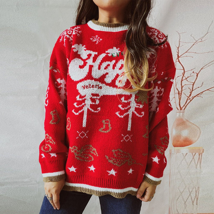 Autumn Winter round Neck Long Sleeve Contrast Color Letter Graphic Snowflake Christmas Sweaters Pullover