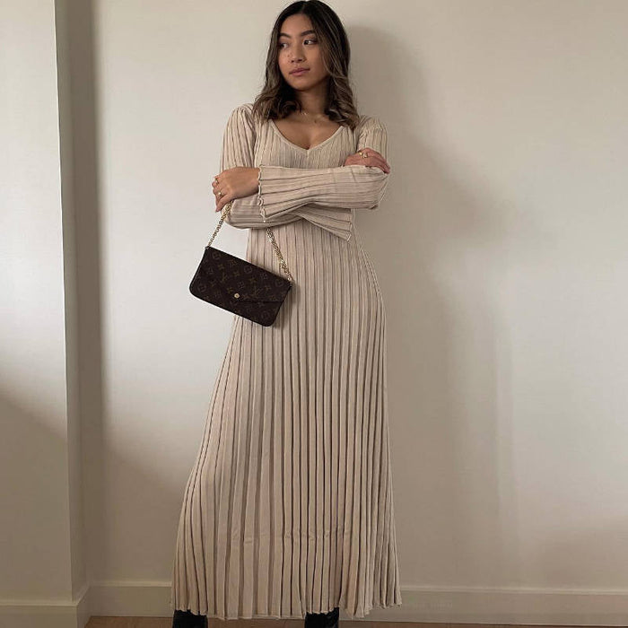 Autumn Winter Knitted Dress Casual Waist Tight V Neck Big Pit Stripe Slimming Knitted Maxi Dress Women