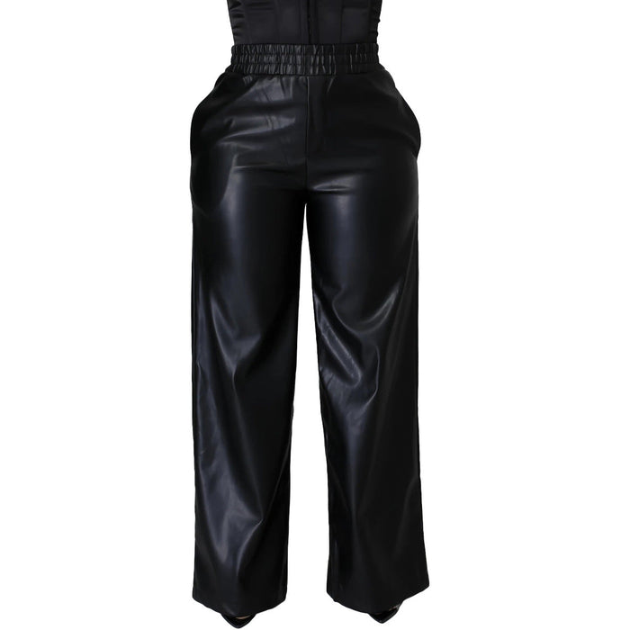 Women Clothing Solid Color Loose Wide Leg Pocket Faux Leather Pants