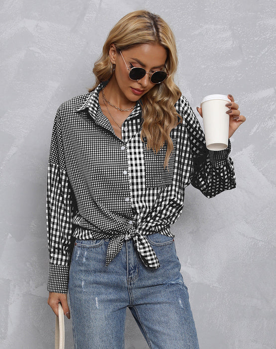 Women Top Autumn Collared Plaid Colorblock Loose Casual Shirt