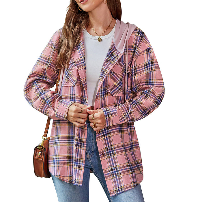 Women Clothing Autumn Winter Women Casual Hoodie Plaid Shirt