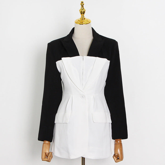 Black White Stitching Suit Spring Autumn Slim Fit One Button Personality Workplace Short Women Jacket