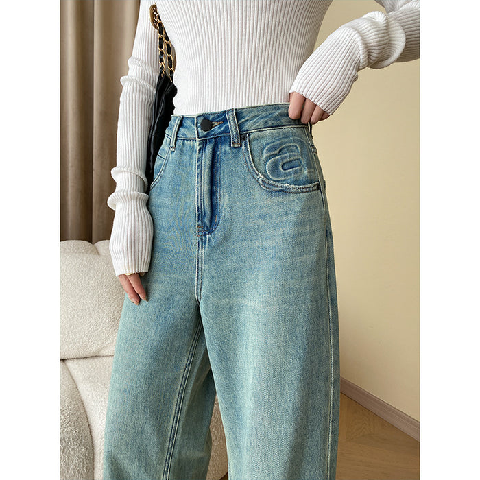 French Fashionable Letters Early Autumn Special Washed Straight Jeans Slim Wide Leg Pants