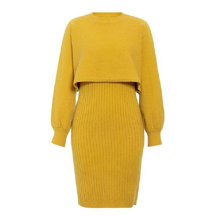 Knitted Two-Piece Classic High Waist Pullover Knitwear Half-Length Office Solid Color Dress