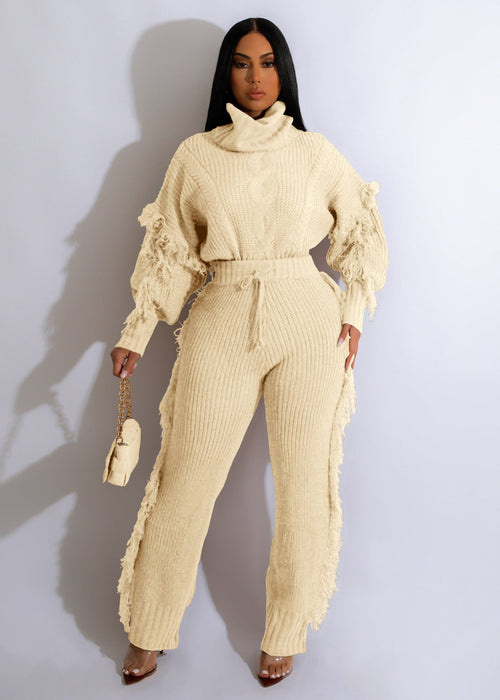 Women Clothing Casual Solid Color Knitted Long Sleeve Turtleneck Tassel Suit