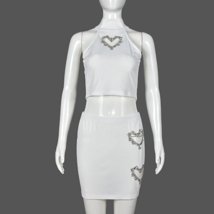 Heart Shape Rhinestone Hollow Out Cutout Cropped Sexy Vest Short Skirt Set Women