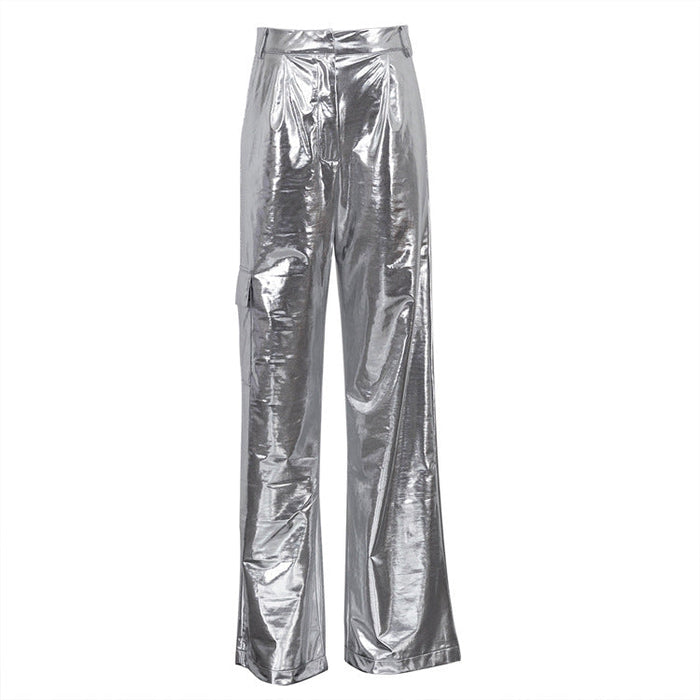 Metallic Coated fabric Women  Clothing Spring Pocket High Waist Faux Leather Pants Women  Candy Color Casual Trousers