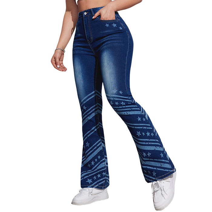 Weila Jeans Spring Summer Women Denim Mid High Stretch Printed Casual Trousers Bell Bottom Pants