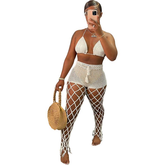 Women Clothing Hollow Out Cutout out See-through Two-Piece Beach Fishnet Hand Crochet Sexy Fashion Suit