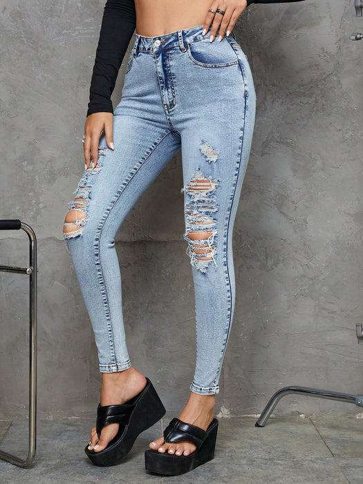 Women Clothing Ripped High Waist Slim Jeans