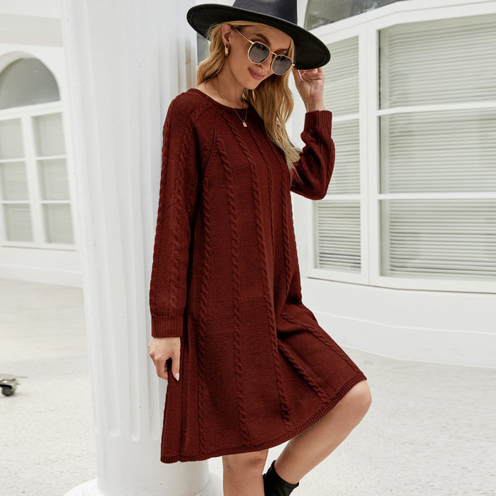 Fall Winter Solid Color Long Sweater Dress round Neck Twisted Loose A line Knitted Dress