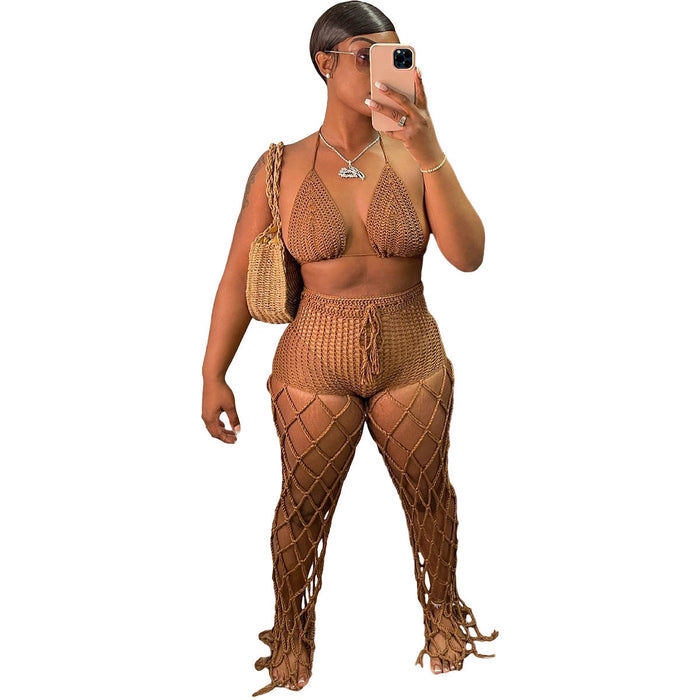 Women Clothing Hollow Out Cutout out See-through Two-Piece Beach Fishnet Hand Crochet Sexy Fashion Suit