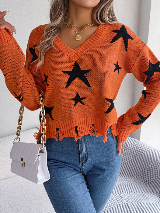 Autumn Winter Casual V neck Cut Long Sleeve Knitted Pullover Sweater Women Clothing