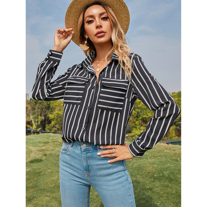 Women Clothing Sexy Vertical Striped Shirt V neck Long Sleeve Slim Fit Top Women