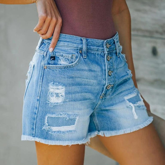 Women Clothing New Hole Patch Tassel Special One Breasted Denim Shorts Pants