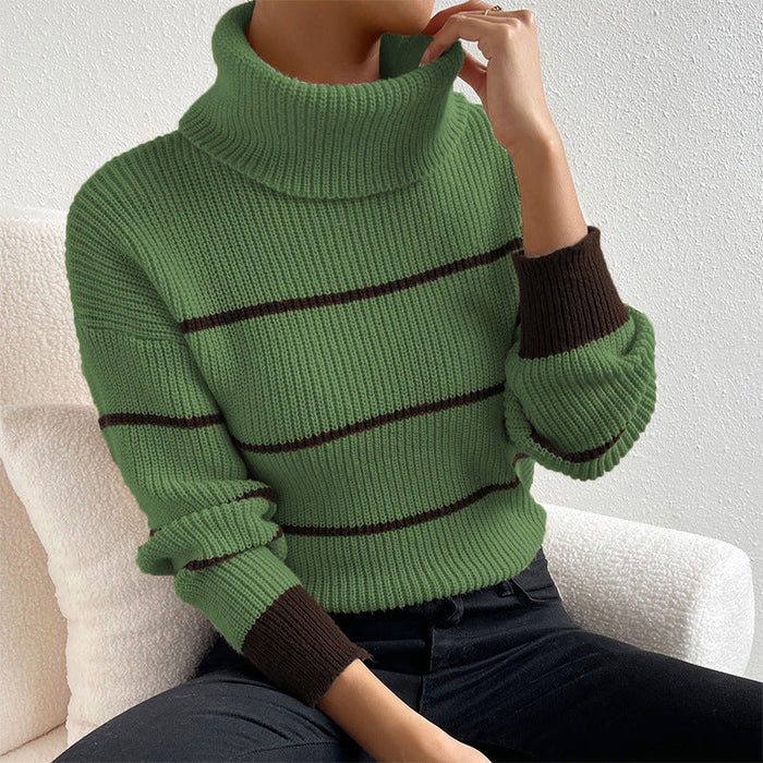 Casual Striped Contrast Color Top High Necked All Matching Casual Sweater Loose Sweater