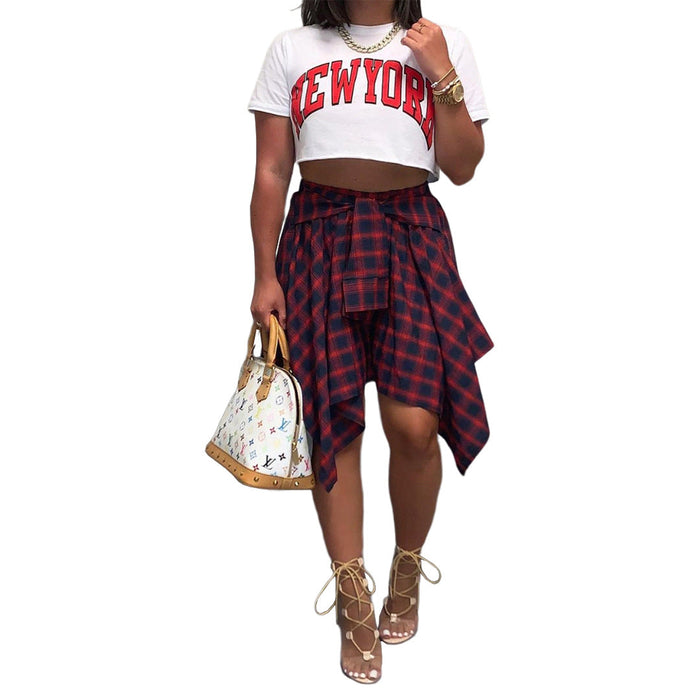 Women Clothing Nightclub Irregular Asymmetric Plaid Tied Sleeve Faux Shirt Skirt