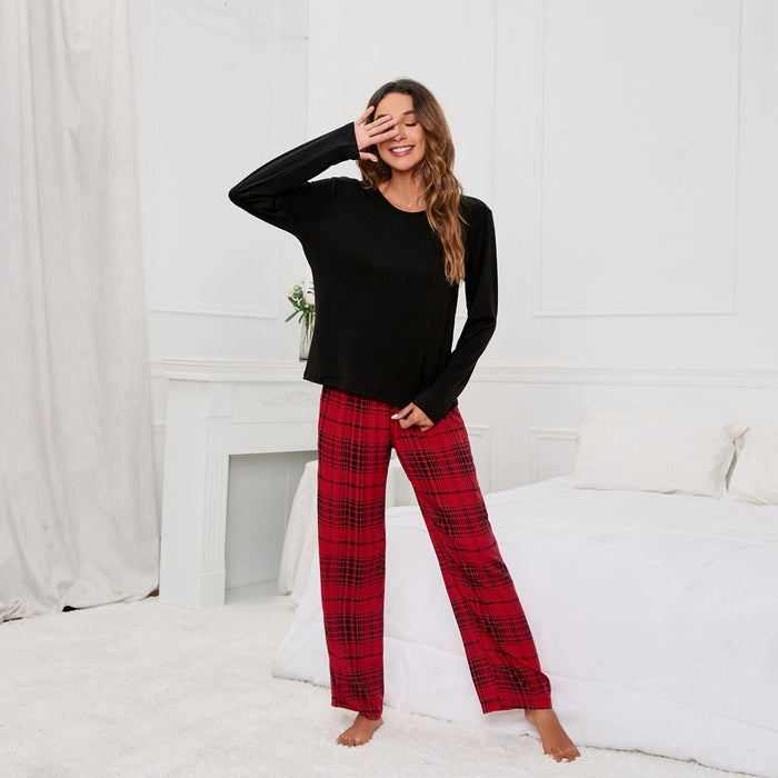 Solid Color round Neck T Printed Checks Women Casual Suit Homewear Pajamas Women