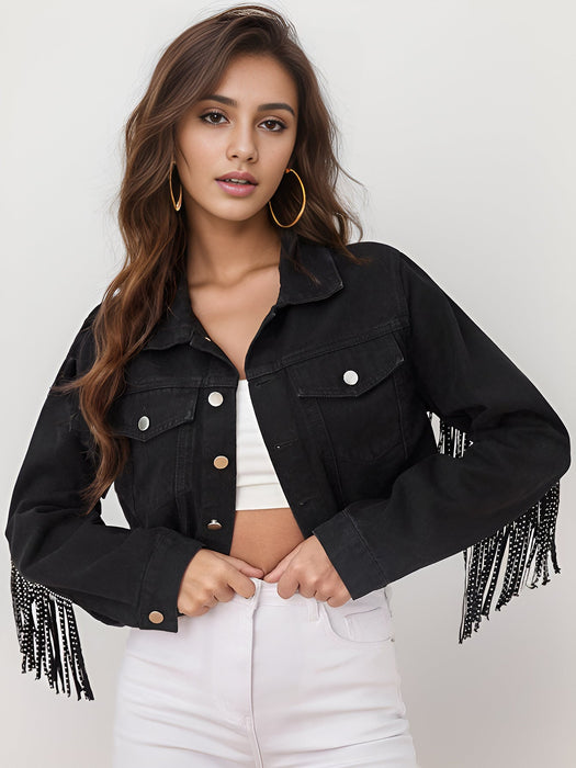 Women Clothing Denim Jacket Women Beaded Tassel Distressed Raw Edge Denim Short Jacket