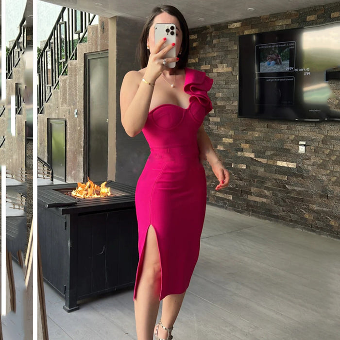 Summer Sexy One Shoulder Bandage Dress Ruffled Elegant Slim Fit Party Dress