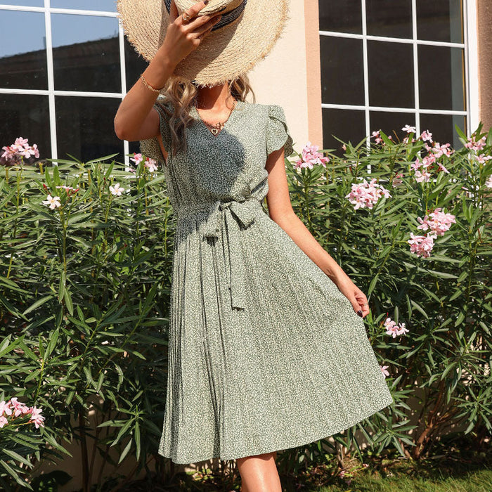 New Summer Printed Green Pleated V-neck Dress Vacation Boho Dress Ruffled Sleeve Dress