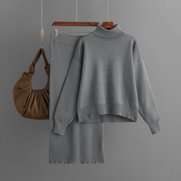 Knitting Suit Women Autumn Winter Solid Color Turtleneck Sweater Sheath Skirt Two Piece Set