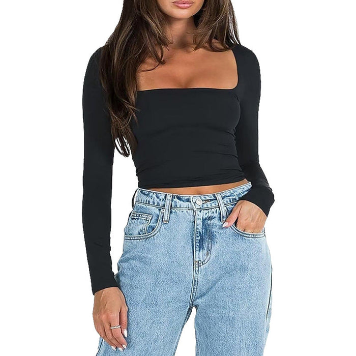 Square Collar Cropped Casual Simple T shirt Sexy Slim Long Sleeve Bottoming Top for Women