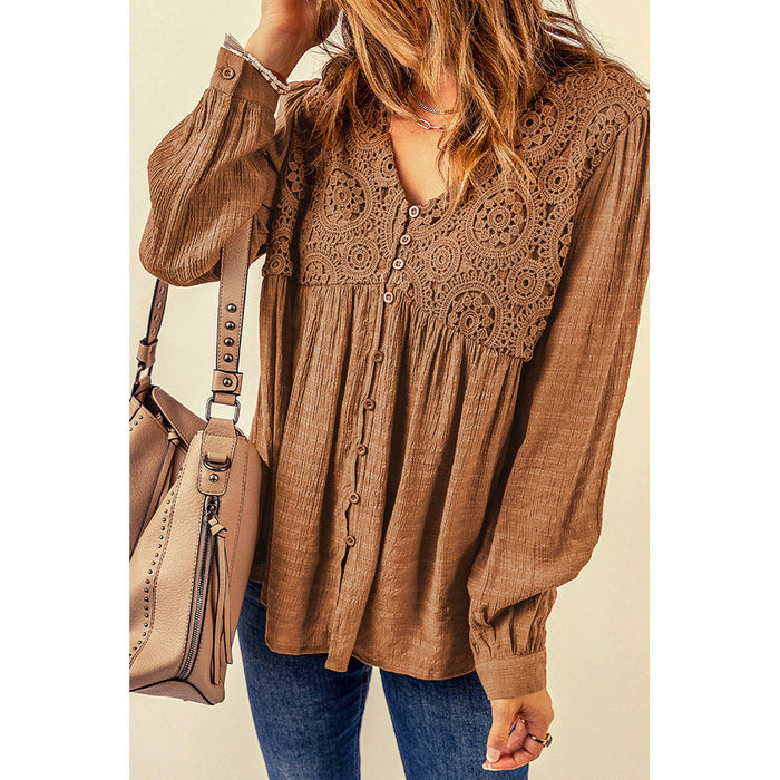 Brown Lace Crochet Button V neck Little Girl Clothes Top Fall Women Clothing