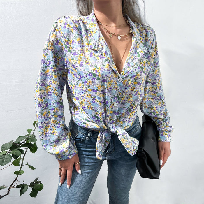 Autumn Winter Wih Printed Shirt Single Breasted Bishop Sleeves Top