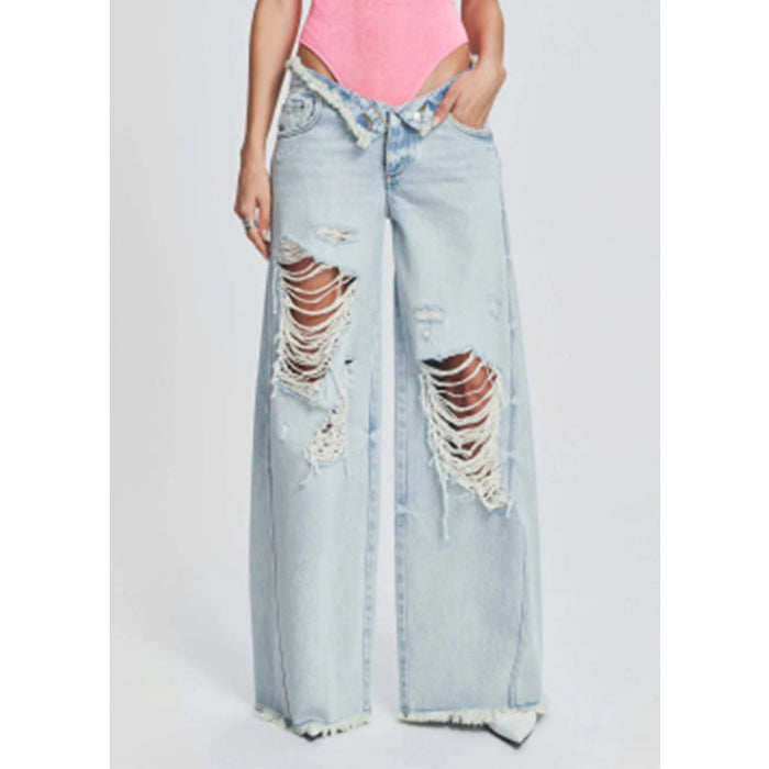 Ladies Jeans Ripped Irregular Asymmetric Side Turn Waist Wide Leg Trousers Women