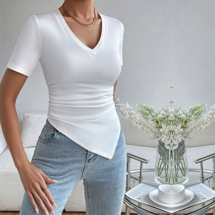 Women Clothing Sexy V neck Slim Irregular Asymmetric Hem Knitted Short Sleeve All Matching Top