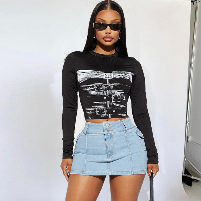 Women Printed Wear Sexy Slimming Long Sleeves Personalized Short Skirt Two Piece Set