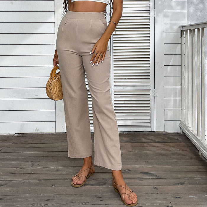 Summer Cotton Linen Trousers High Waist Solid Color Cropped Straight Pants Women