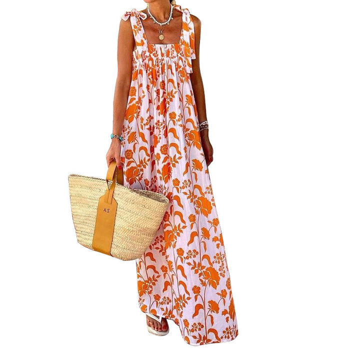 Women Clothing Summer Vacation Spaghetti-Strap Print Dress Leaf Floral Printed