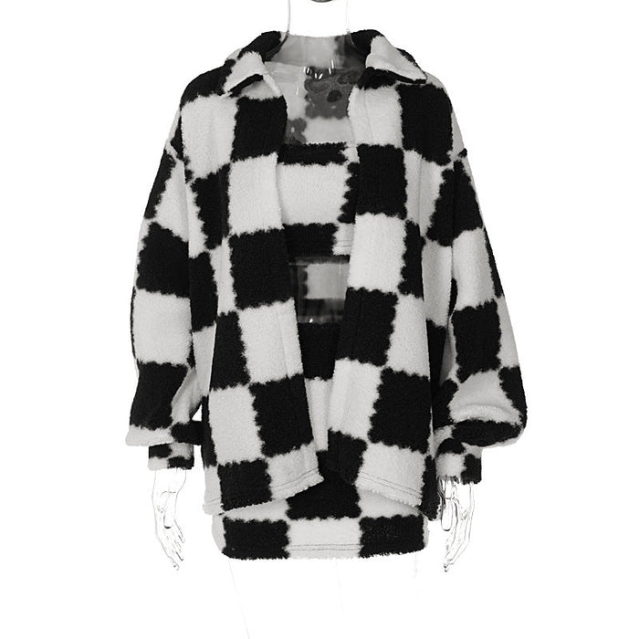 Autumn Winter Black White Plaid Thickened Fleece Long Sleeved Coat Wrapped Chest Skirt Three Piece Set Women