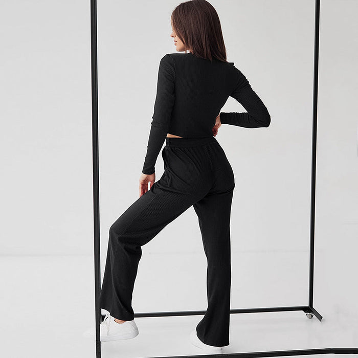 Comfortable Slim Knit Sunken Stripe Long-Sleeved Trousers Autumn Pajamas Ladie   Homewear Can Be Worn outside