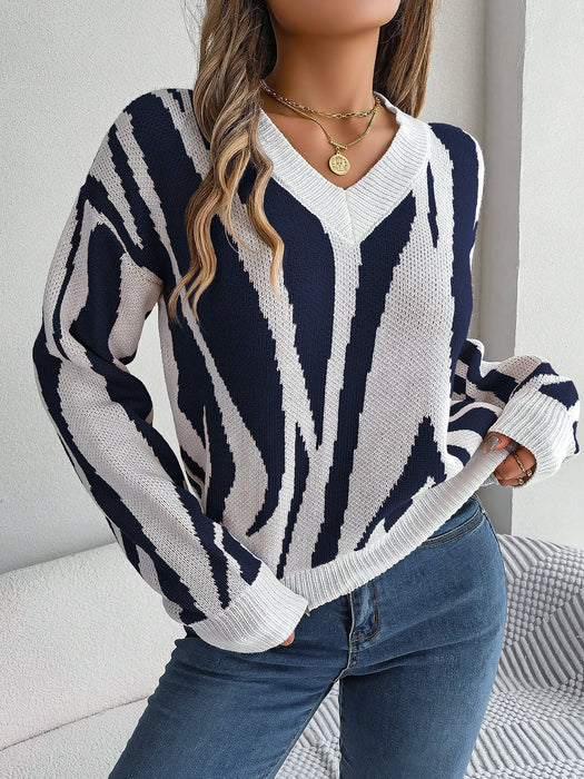 Autumn Winter Casual V Collar Contrast Color Long Sleeve Pullover Bottoming Sweater Women Clothing