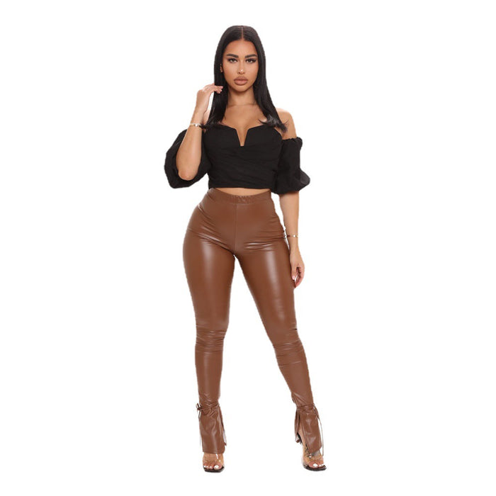 Autumn Winter Women Clothing Tight High Elastic Bandage Slightly Flared Side Slit Faux Leather Trousers