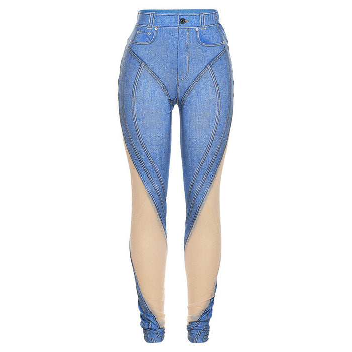 Fall Women Clothing Sexy Mesh See-through Stitching Printing High Waist Tight Women Casual Pants