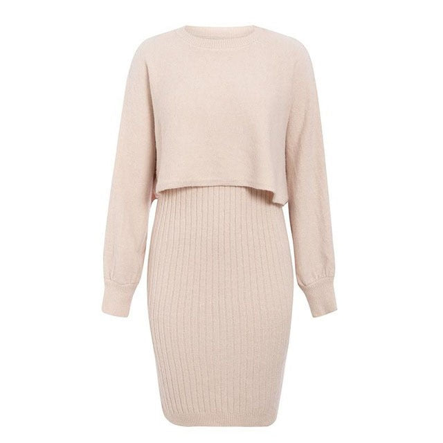 Knitted Two-Piece Classic High Waist Pullover Knitwear Half-Length Office Solid Color Dress