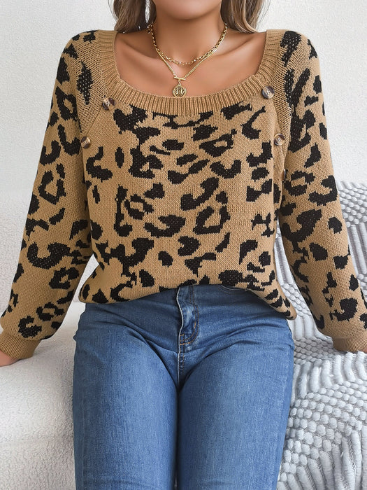 Autumn Winter Casual Square Collar Button Contrast Color Leopard Print Long Sleeve Sweater Women Clothing