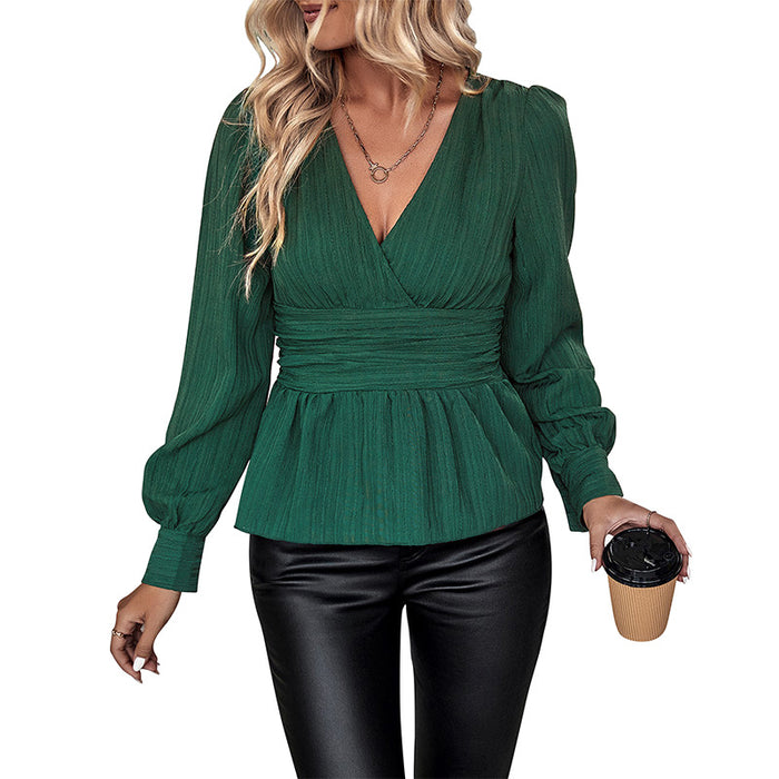 Fall Women Clothing Solid Color V neck Shirt