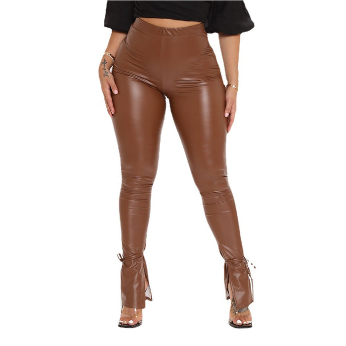 Autumn Winter Women Clothing Tight High Elastic Bandage Slightly Flared Side Slit Faux Leather Trousers