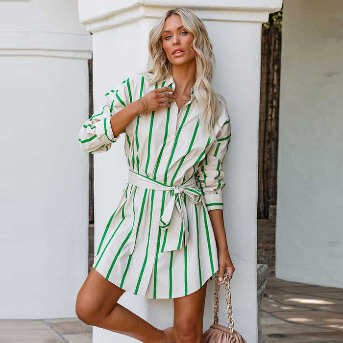 Spring Summer Fashion Striped Printed Long Sleeves Lace up Casual Shirt Dress Women