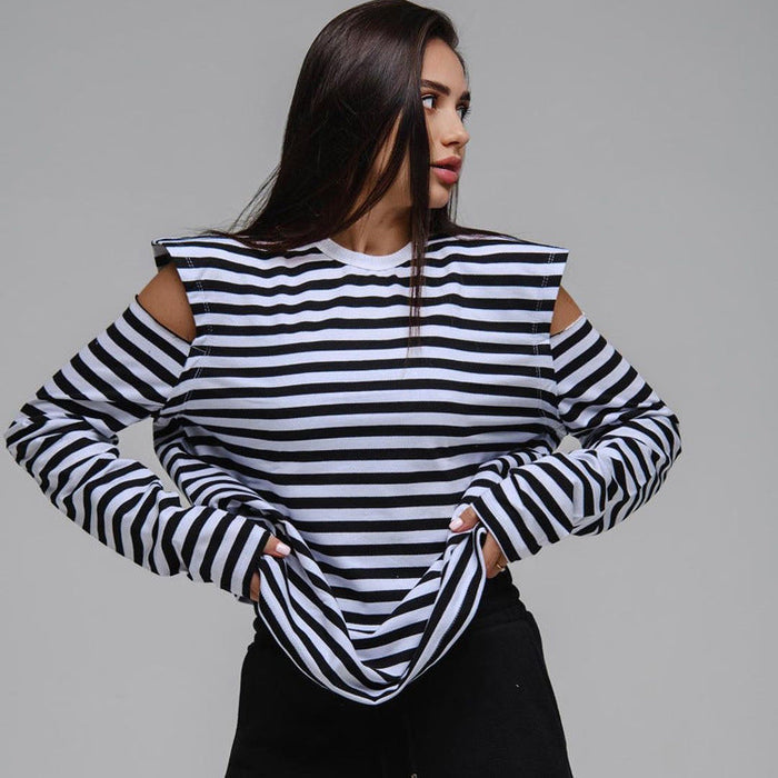 Summer Women  Clothing Striped Crew Neck Long Sleeves off Shoulder Loose Fitting T shirt Top Women