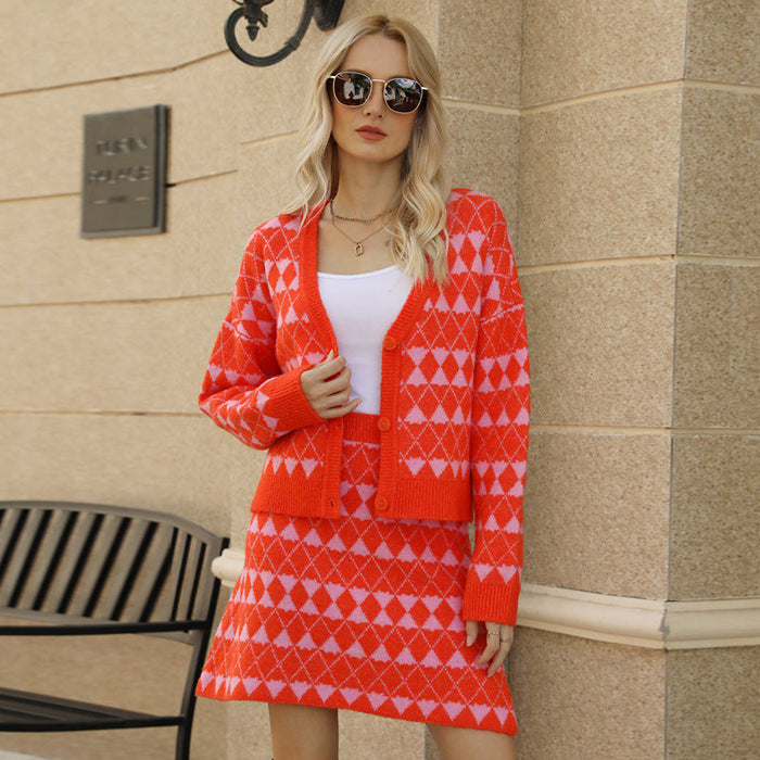 Women Clothing Spring V neck Cardigan Knitting Suit A line Skirt Jacquard Classic Two Piece Set