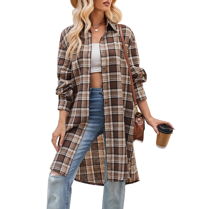 Women Autumn Winter Casual Loose Long Trench Coat Plaid Shirt