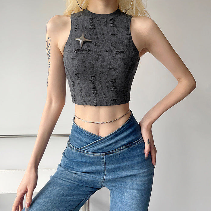 Women Clothing Summer Solid Color Street Sleeveless Matte Cropped Tank Top Women